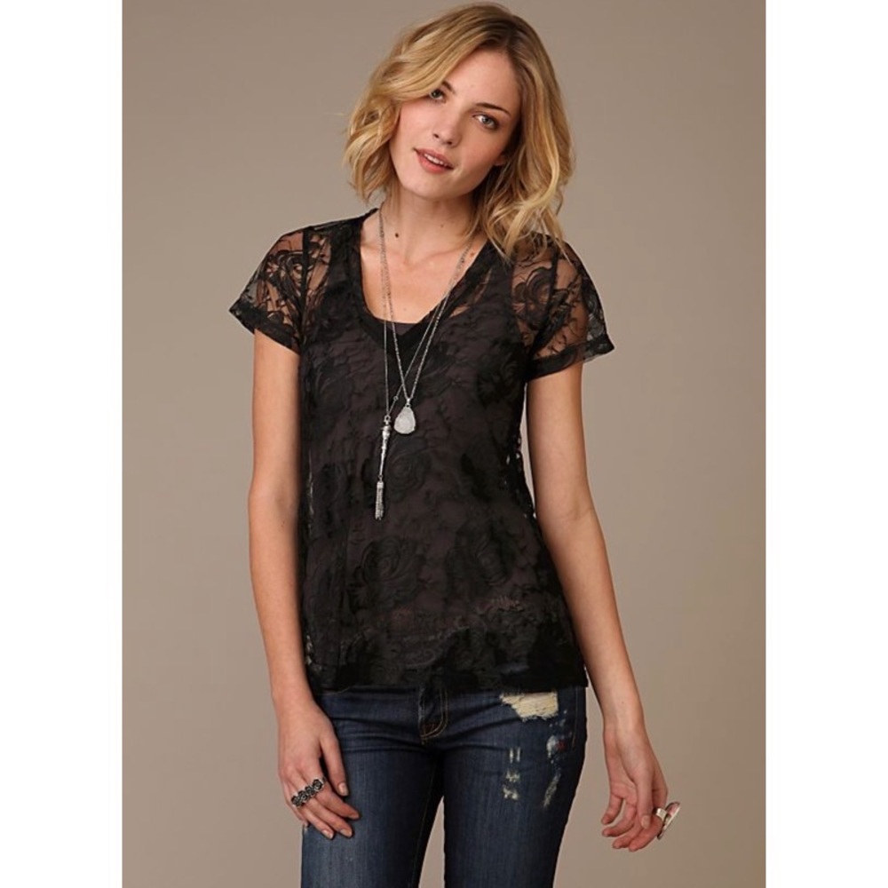 LNA Black Lace V Neck Tee XS